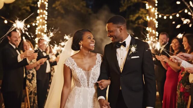 Happy Newlyweds Celebrate with Sparklers - A smiling African American bride and groom walk hand-in-hand as their guests celebrate with lit sparklers at their wedding reception.