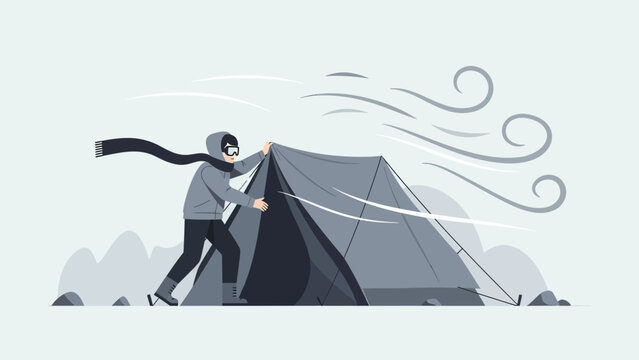 Against the Elements: A Lone Hiker Battles a Windstorm While Setting Up Camp