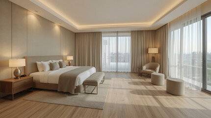 Fototapeta premium Modern luxury bedroom with elegant beige tones and city view