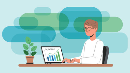 Fototapeta premium Analyst Reducing Carbon Emissions By Working At The Office On His Laptop