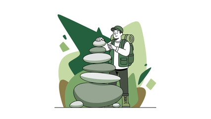 Balanced Stones And Hiker Depicting Hiking Adventure In The Serene Outdoors