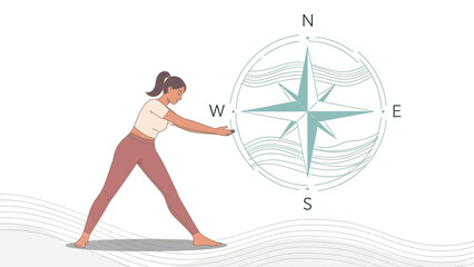 Balancing Life Woman Practice Yoga Position With Compass Direction Indicator Illustration