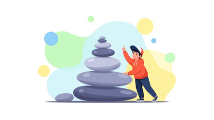Balancing Stones With A Curious Child In A Peaceful Cartoon Illustration