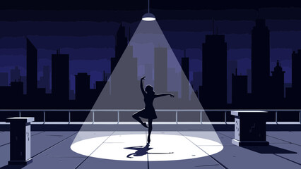 Ballerina Dancing On A Rooftop Cityscape Under A Spotlight At Night Time