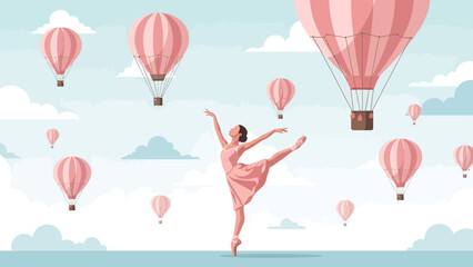 Ballerina Floating Gracefully Amidst Dreamy Skies and Pink Hot Air Balloons