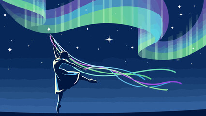 Ballet Dancer Reaching For Aurora Borealis Under Starry Night Sky