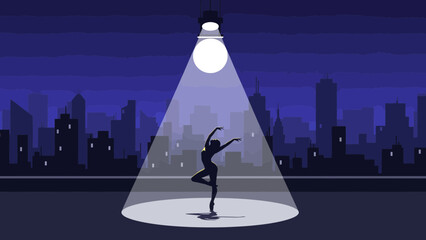 Ballerina Silhouette Performing Under Spotlight With Cityscape Backdrop