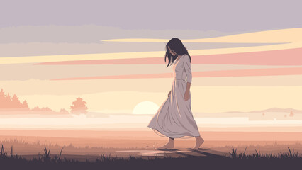 Barefoot Lady In Long Dress Walking Through Golden Field At Sunrise