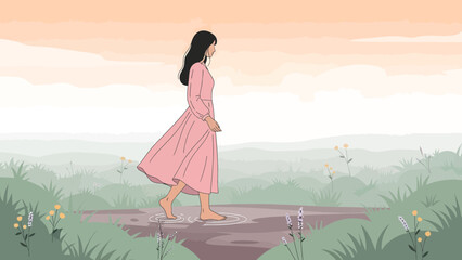 Barefoot Stroll Through a Tranquil Meadow Landscape Vector Art