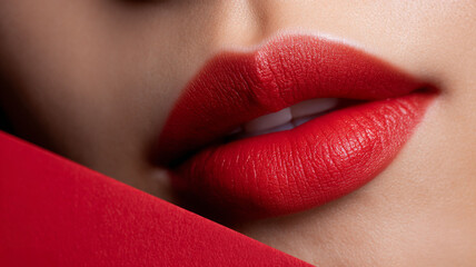 Red lips close up with bold lipstick shine and smooth skin texture creating sensual and elegant look