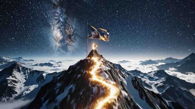 Mountain Summit Under the Stars - A majestic mountain peak, crowned with a flag, reaches towards a breathtaking starry night sky.