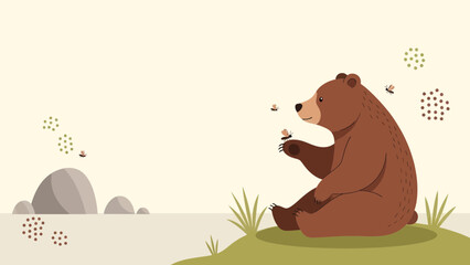 Bear In Nature With The Flying Bugs And Natural Backdrop Minimalist Illustration