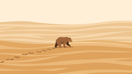 Bear Journey Through Desert Landscape With Paw Prints Minimalist Illustration