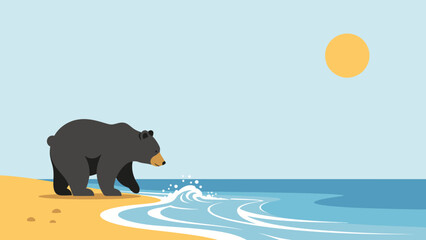 Bear On Sandy Beach Enjoying Summer Scenery Coastal Wildlife Seascape