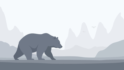 Bear Roaming In Monochrome Landscape With Mountain Background And Flying Birds