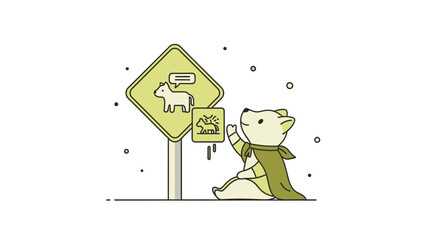 Bear Wearing Cape Saluting Sign Warning Of Dogs With Speech Bubbles