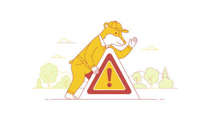 Bear With Caution Sign Illustration For Safety Awareness Concepts On Nature Background