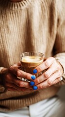 A man holds a glass while showing off his blue manicure in a cozy environment. He wears a knitted sweater and appears relaxed as he enjoys his drink in daylight
