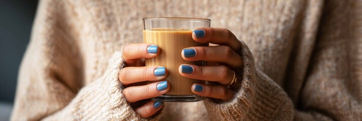 A man holds a glass while showing off his blue manicure in a cozy environment. He wears a knitted sweater and appears relaxed as he enjoys his drink in daylight, banner