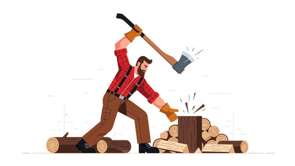 Bearded Lumberjack Splitting Wood With An Axe Wearing Protective Gear Illustration