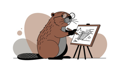 Beaver Artist Creating A Dam Drawing Illustration On Canvas With Easel Stand
