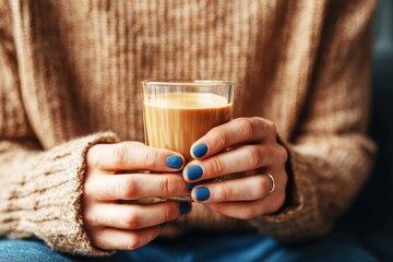 A man holds a glass while showing off his blue manicure in a cozy environment. He wears a knitted sweater and appears relaxed as he enjoys his drink in daylight