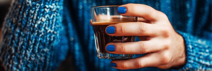 A man sits in a comfortable position, holding a blue coffee cup. His nails are recently manicured in a dark color. He wears a knitted sweater and jeans, creating a casual look, banner