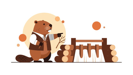 Beaver Builder Points to New Dam Design in the Forest Vector Illustration