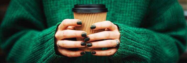A man sits comfortably, displaying well-groomed nails as he holds a coffee cup with both hands. He wears a knitted sweater and enjoys a break during the day, banner