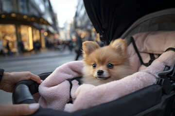 A cute Pomeranian puppy sits comfortably in a pet stroller filled with a soft blanket, while the owner's hands grip the handle on a bustling city street