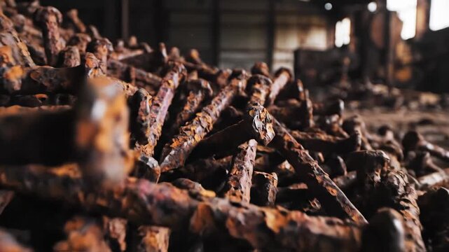 Pile of Rusted Bolts - This close-up shot features a large pile of heavily rusted bolts, showcasing the texture and color of the corroded metal. The background is blurred, adding depth to the video.
