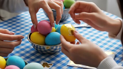 Decorating Colorful Easter Eggs Stickers Checkered Table Setting