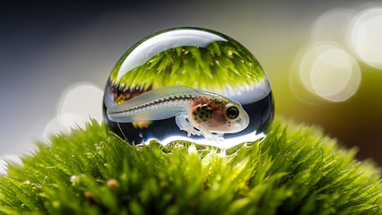 Macro shot of a tadpole with legs inside a water droplet on moss, highlighting amphibian life cycle.