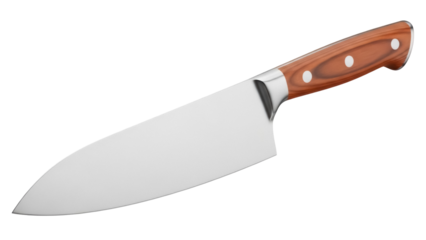 Chef s knife isolated PNG on transparent background, stainless steel kitchen utensil with wooden handle for cooking and food preparation