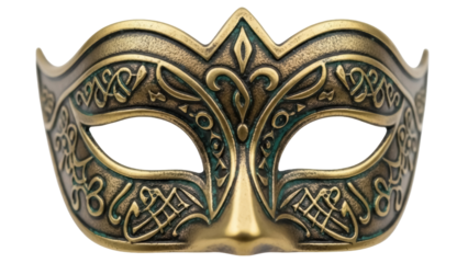 Ornate golden masquerade mask isolated PNG on transparent background, vintage Venetian carnival mask with intricate Celtic knot designs