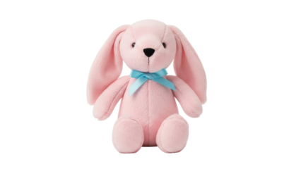 Adorable pink plush bunny toy with blue ribbon isolated PNG, soft stuffed animal for kids and baby room decor, on transparent background