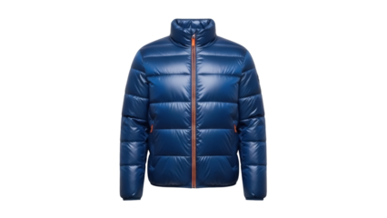 Blue puffer jacket isolated PNG on transparent background, stylish outerwear for cold weather and outdoor activities