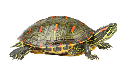 Obraz premium Red-eared slider turtle PNG isolated on transparent background, aquatic reptile with colorful shell and distinctive red markings, pet