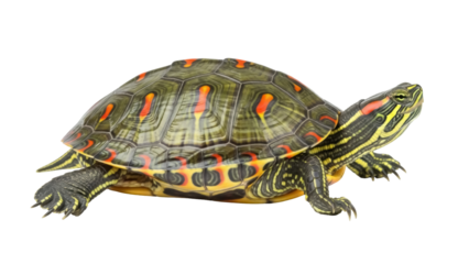 Red-eared slider turtle PNG isolated on transparent background, aquatic reptile with colorful shell and distinctive red markings, pet