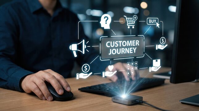 Businessman analyzing digital customer journey map with marketing icons,data-driven strategy,consumer behavior insights,customer experience management for digital commerce success