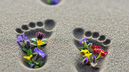 Vibrant Wildflowers Adorning Footprints in Textured Sand: Concept of Environmental Harmony and Care