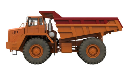 Orange dump truck PNG isolated on transparent background, heavy construction equipment for mining and earthmoving projects