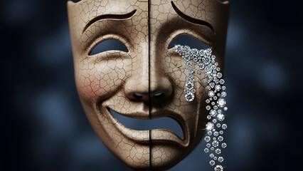 Conceptual cracked mask depicting duality of emotions, joy and sorrow, with diamond tears