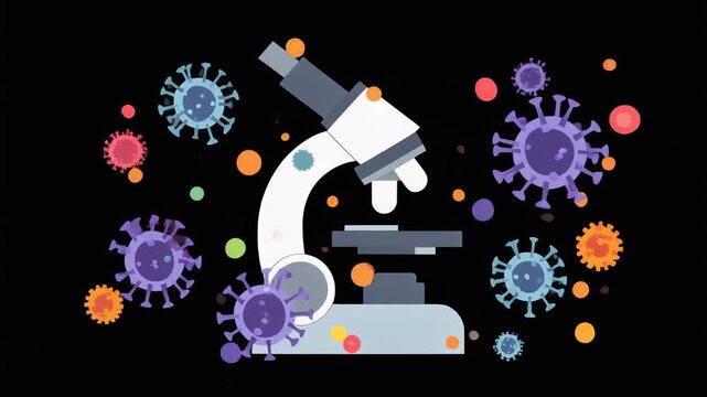 Animated microscope surrounded by colorful virus particles on black background.