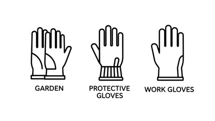 Obraz premium Set of black and white line icons for garden, protective, and industrial work gloves for safety and hand protection in various manual labor tasks.