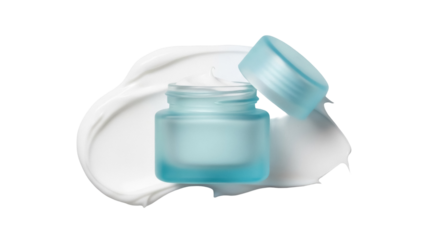 Light blue cosmetic cream jar with open lid isolated on transparent PNG, skincare product for beauty and moisturizing treatment