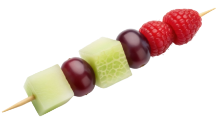 Colorful fruit skewer isolated on transparent background PNG, healthy snack with melon, grapes, and raspberries for party or dessert