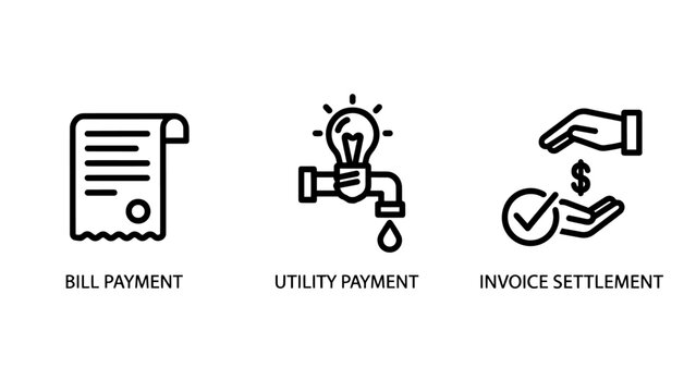 Finance and utility icons for bill payment, utility services like electricity and water, and invoice settlement with hands exchanging money.