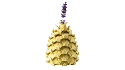Decorative yellow pine cone with lavender isolated PNG, unique design element on transparent background for festive and nature-themed projects