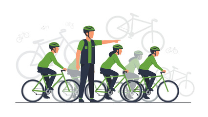 Fototapeta premium Bicycle Tour Guide Instructing Group On Safe Cycling Route Direction Strategy
